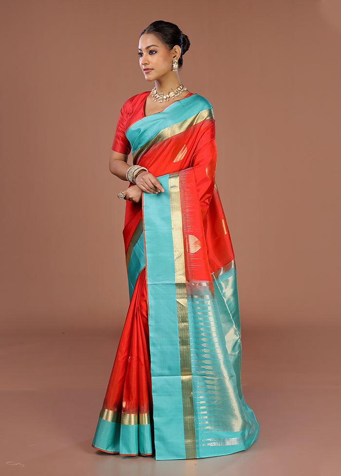 Red Handloom Kanjivaram Pure Silk Saree With Blouse Piece