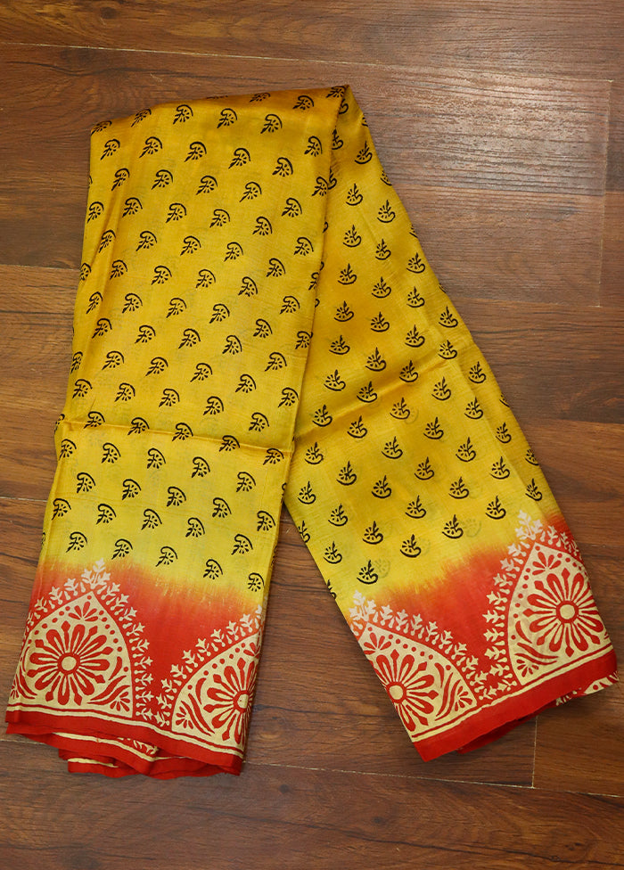 Yellow Printed Pure Silk Saree Without Blouse Piece