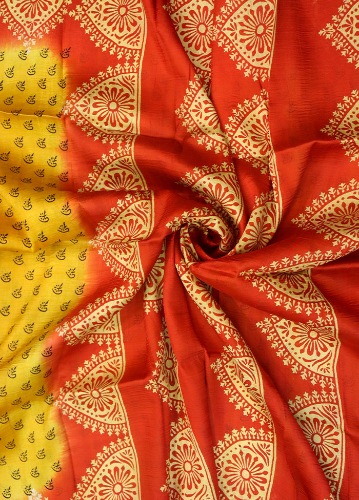 Yellow Printed Pure Silk Saree Without Blouse Piece