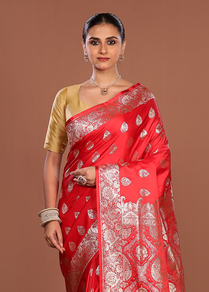 Red Banarasi Silk Saree With Blouse Piece