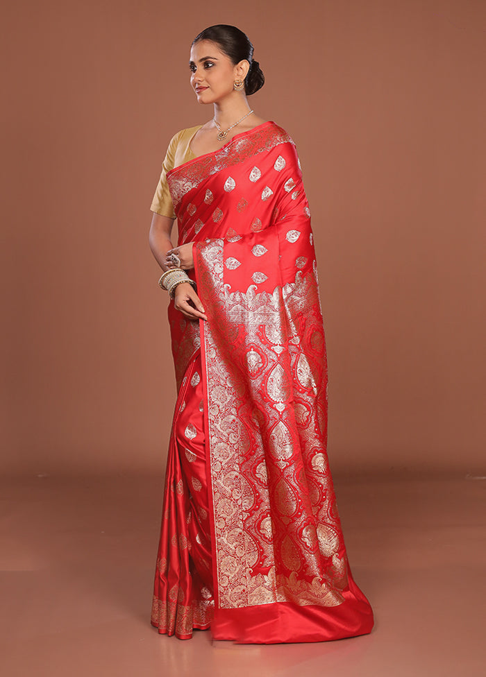 Red Banarasi Silk Saree With Blouse Piece