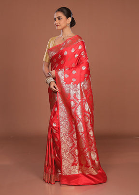 Red Banarasi Silk Saree With Blouse Piece