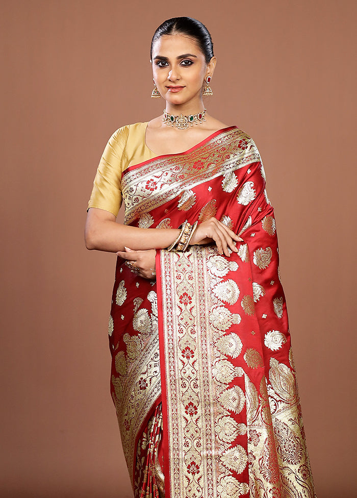 Maroon Banarasi Silk Saree With Blouse Piece