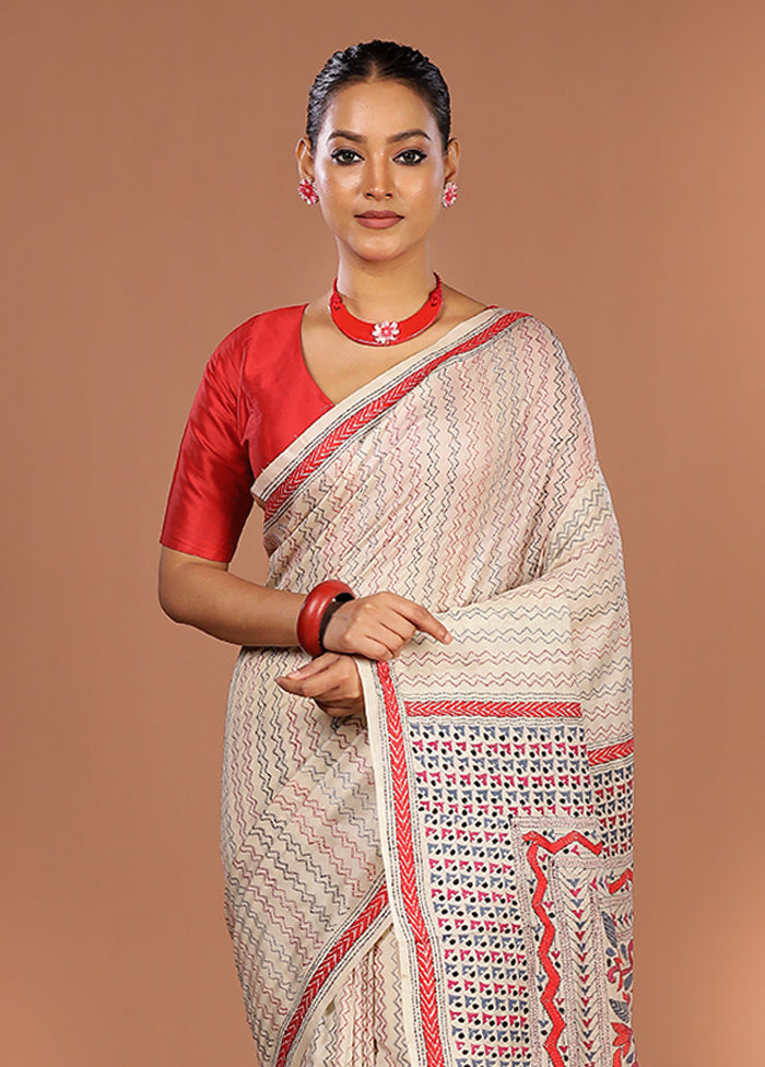 Cream Handloom Kantha Stitch Pure Silk Saree With Blouse Piece