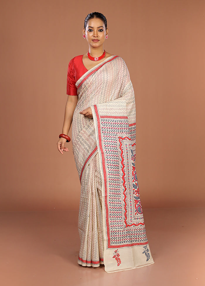 Cream Handloom Kantha Stitch Pure Silk Saree With Blouse Piece