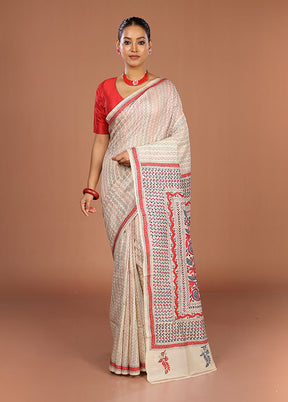 Cream Handloom Kantha Stitch Pure Silk Saree With Blouse Piece