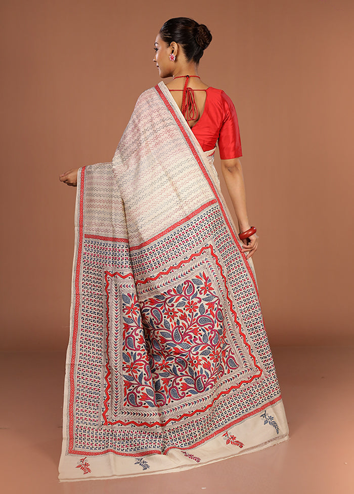 Cream Handloom Kantha Stitch Pure Silk Saree With Blouse Piece