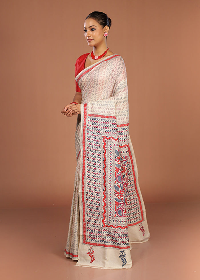 Cream Handloom Kantha Stitch Pure Silk Saree With Blouse Piece