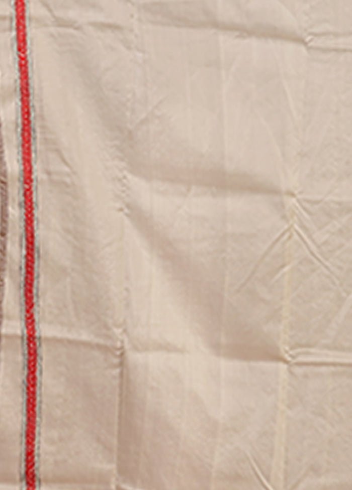 Cream Handloom Kantha Stitch Pure Silk Saree With Blouse Piece