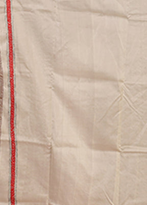Cream Handloom Kantha Stitch Pure Silk Saree With Blouse Piece