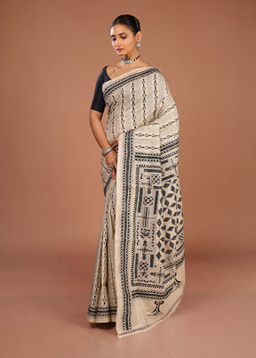 Cream Handloom Kantha Stitch Pure Silk Saree With Blouse Piece