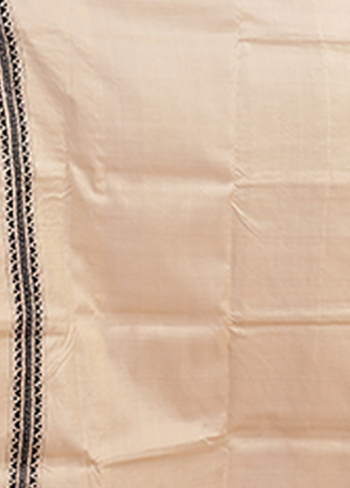 Cream Handloom Kantha Stitch Pure Silk Saree With Blouse Piece