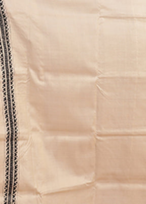 Cream Handloom Kantha Stitch Pure Silk Saree With Blouse Piece