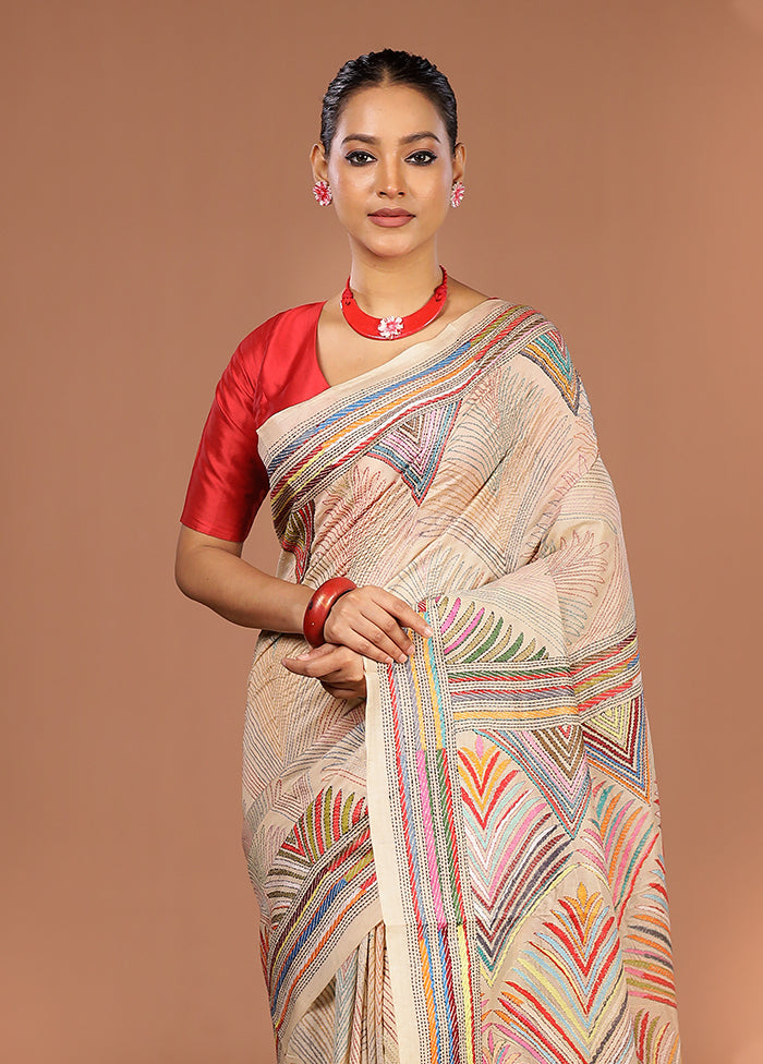 Cream Handloom Kantha Stitch Pure Silk Saree With Blouse Piece