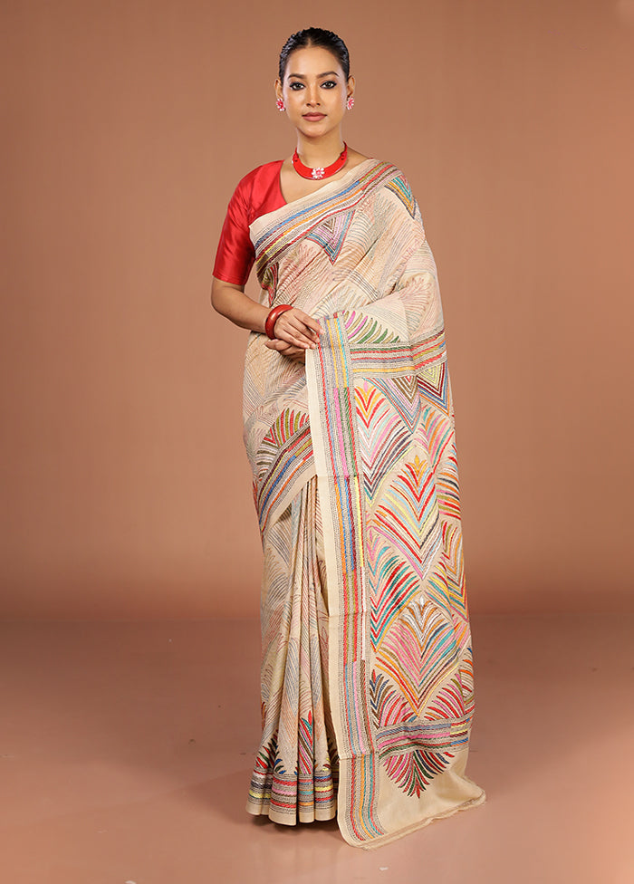 Cream Handloom Kantha Stitch Pure Silk Saree With Blouse Piece