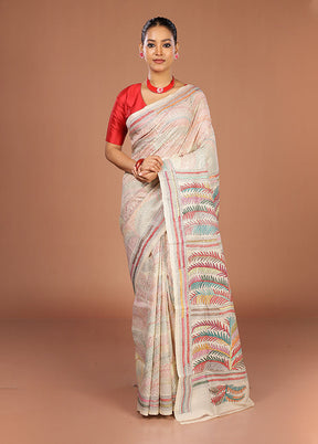 Cream Handloom Kantha Stitch Pure Silk Saree With Blouse Piece