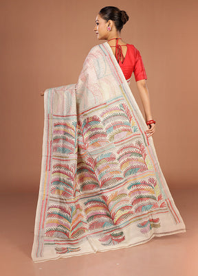 Cream Handloom Kantha Stitch Pure Silk Saree With Blouse Piece
