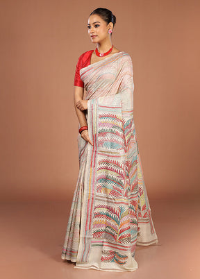 Cream Handloom Kantha Stitch Pure Silk Saree With Blouse Piece