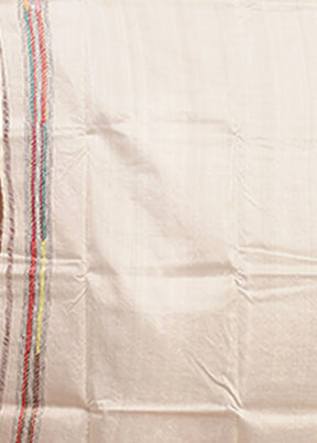 Cream Handloom Kantha Stitch Pure Silk Saree With Blouse Piece