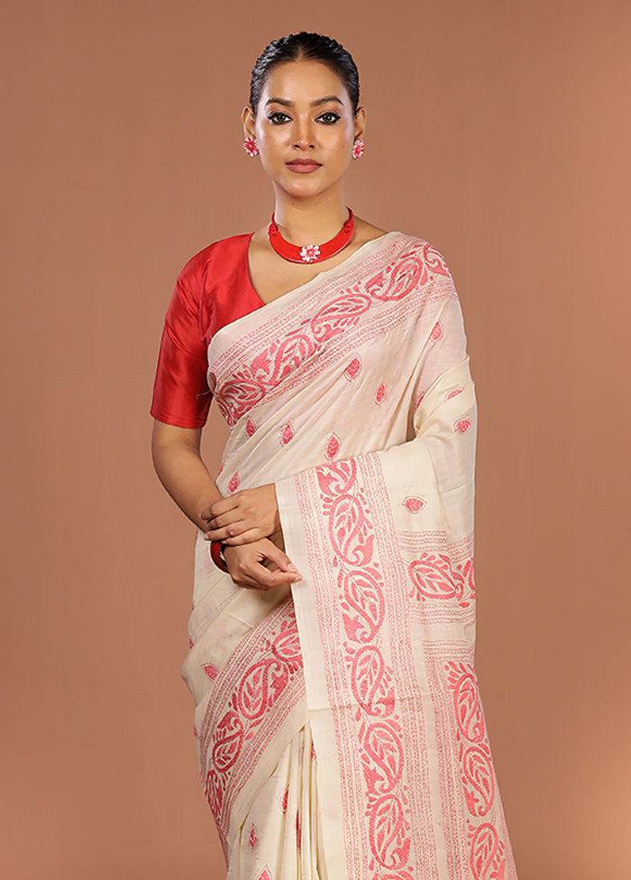 Cream Handloom Kantha Stitch Pure Silk Saree With Blouse Piece
