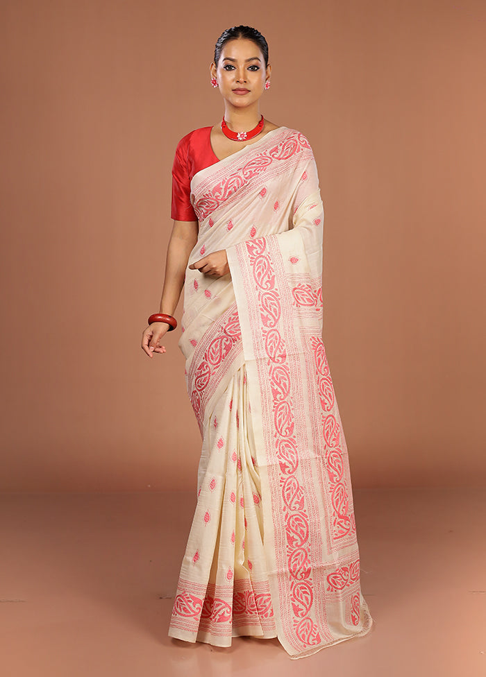 Cream Handloom Kantha Stitch Pure Silk Saree With Blouse Piece