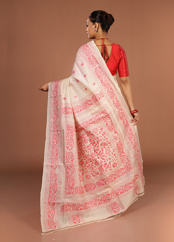 Cream Handloom Kantha Stitch Pure Silk Saree With Blouse Piece