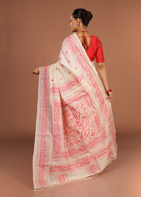 Cream Handloom Kantha Stitch Pure Silk Saree With Blouse Piece