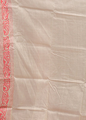 Cream Handloom Kantha Stitch Pure Silk Saree With Blouse Piece