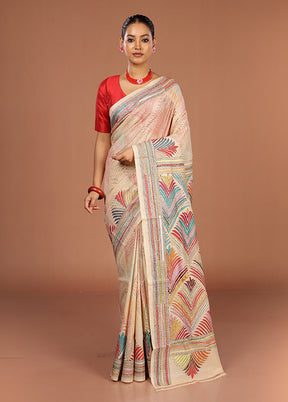 Cream Handloom Kantha Stitch Pure Silk Saree With Blouse Piece