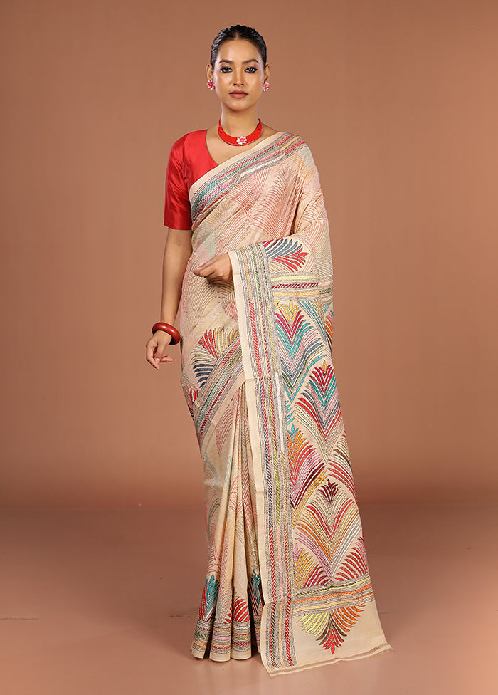Cream Handloom Kantha Stitch Pure Silk Saree With Blouse Piece