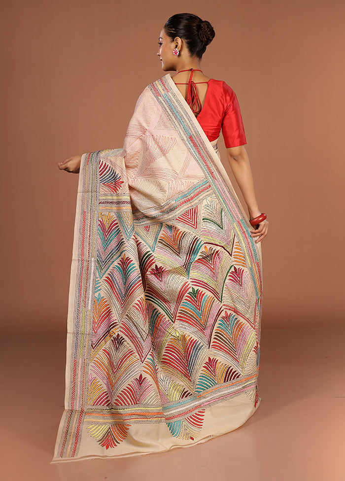 Cream Handloom Kantha Stitch Pure Silk Saree With Blouse Piece
