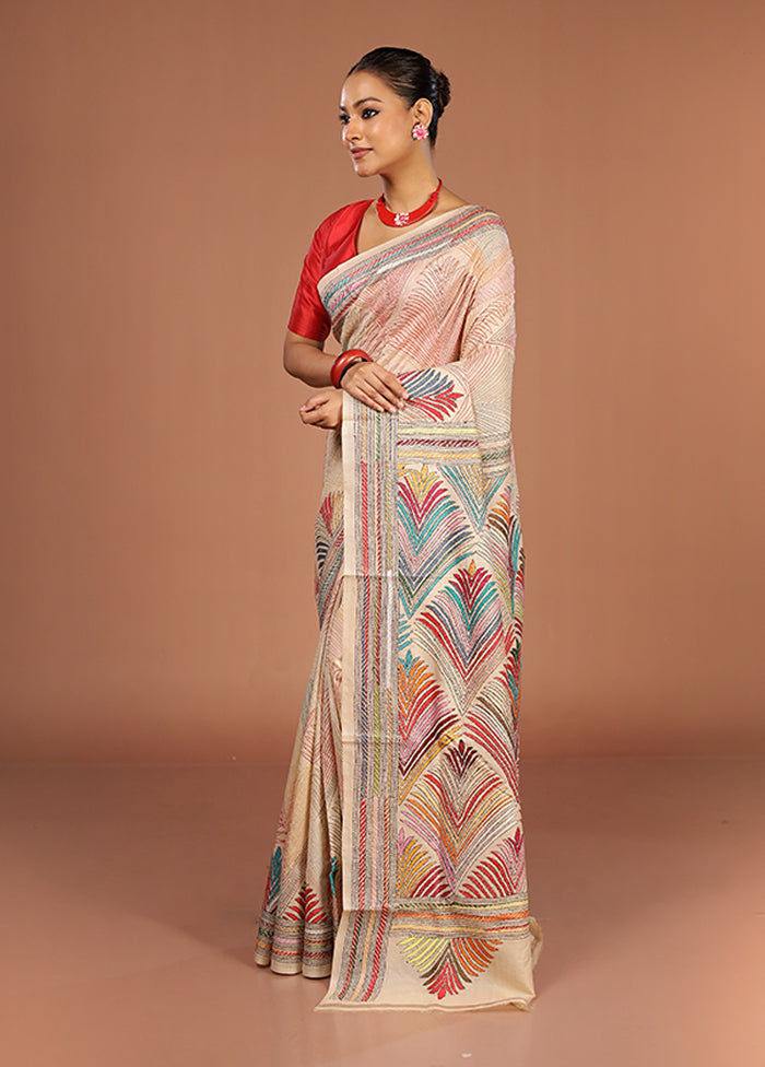 Cream Handloom Kantha Stitch Pure Silk Saree With Blouse Piece