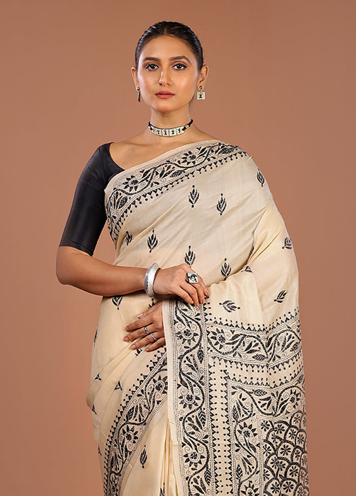 Cream Handloom Kantha Stitch Pure Silk Saree With Blouse Piece
