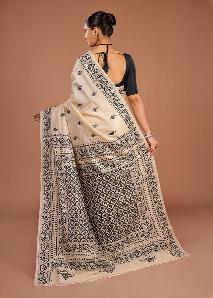Cream Handloom Kantha Stitch Pure Silk Saree With Blouse Piece