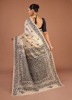 Cream Handloom Kantha Stitch Pure Silk Saree With Blouse Piece
