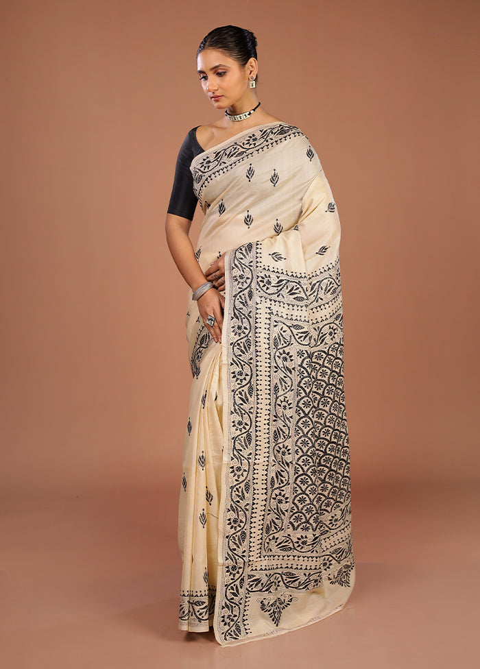 Cream Handloom Kantha Stitch Pure Silk Saree With Blouse Piece