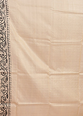 Cream Handloom Kantha Stitch Pure Silk Saree With Blouse Piece