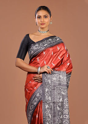 Grey Handloom Kantha Stitch Pure Silk Saree With Blouse Piece