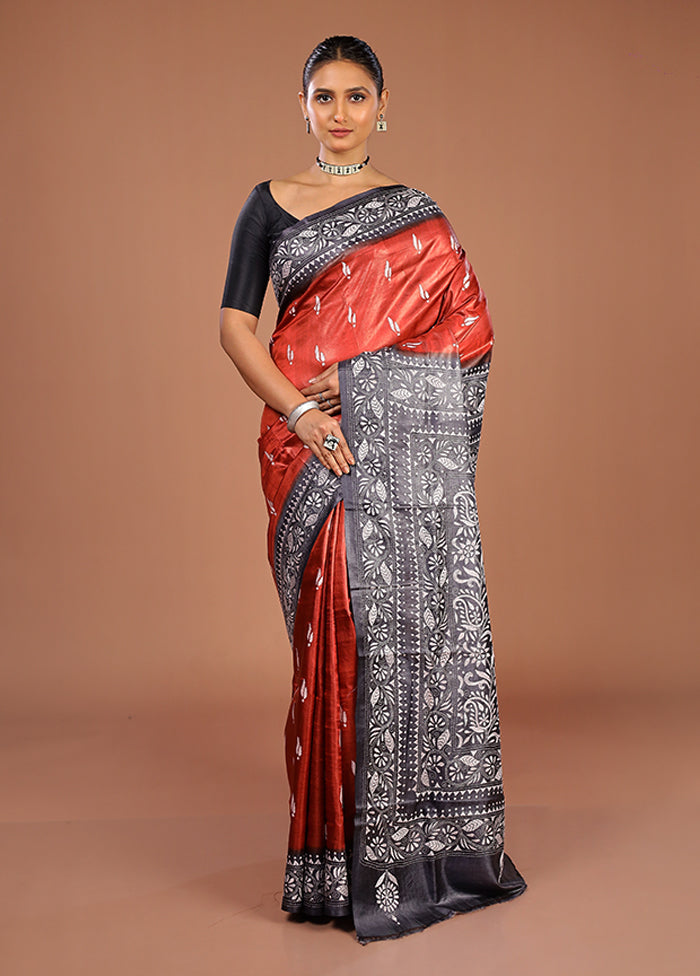 Grey Handloom Kantha Stitch Pure Silk Saree With Blouse Piece