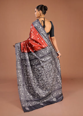 Grey Handloom Kantha Stitch Pure Silk Saree With Blouse Piece
