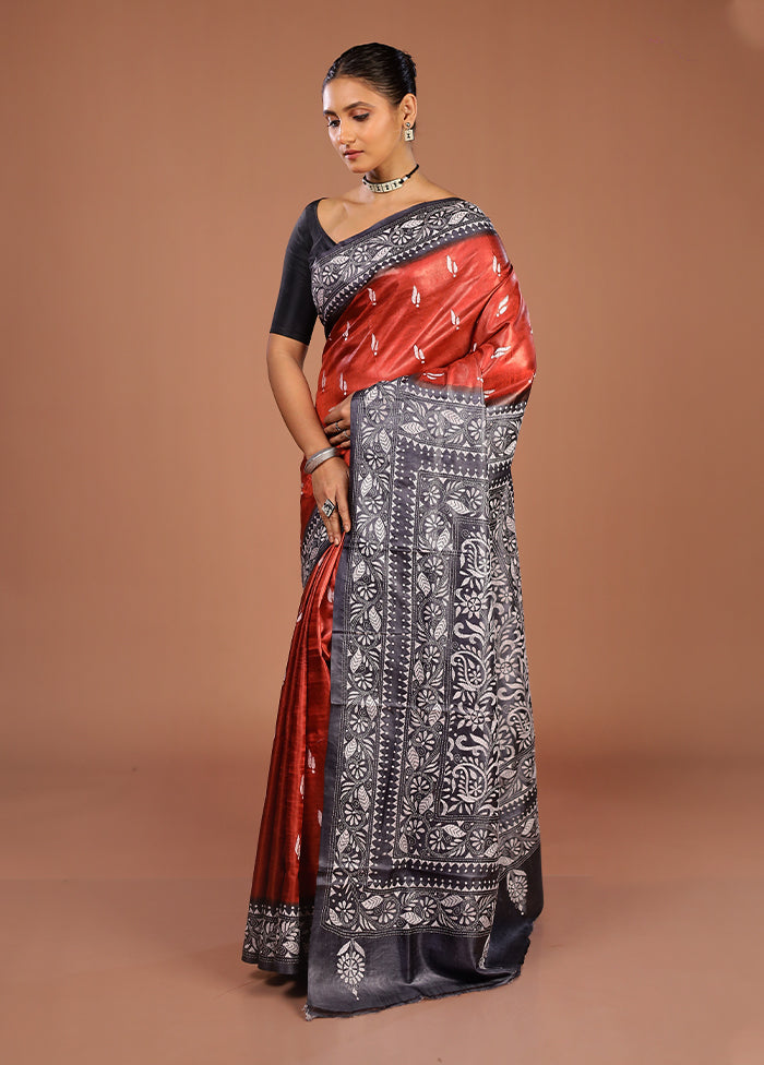 Grey Handloom Kantha Stitch Pure Silk Saree With Blouse Piece