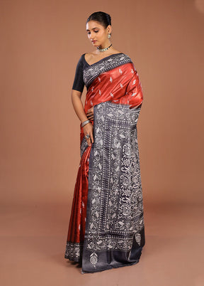 Grey Handloom Kantha Stitch Pure Silk Saree With Blouse Piece