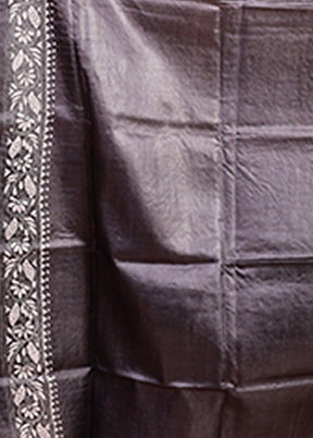 Grey Handloom Kantha Stitch Pure Silk Saree With Blouse Piece