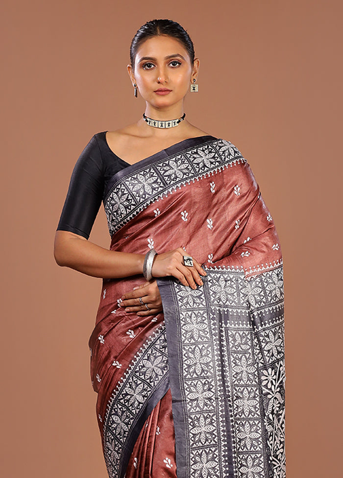 Grey Handloom Kantha Stitch Pure Silk Saree With Blouse Piece