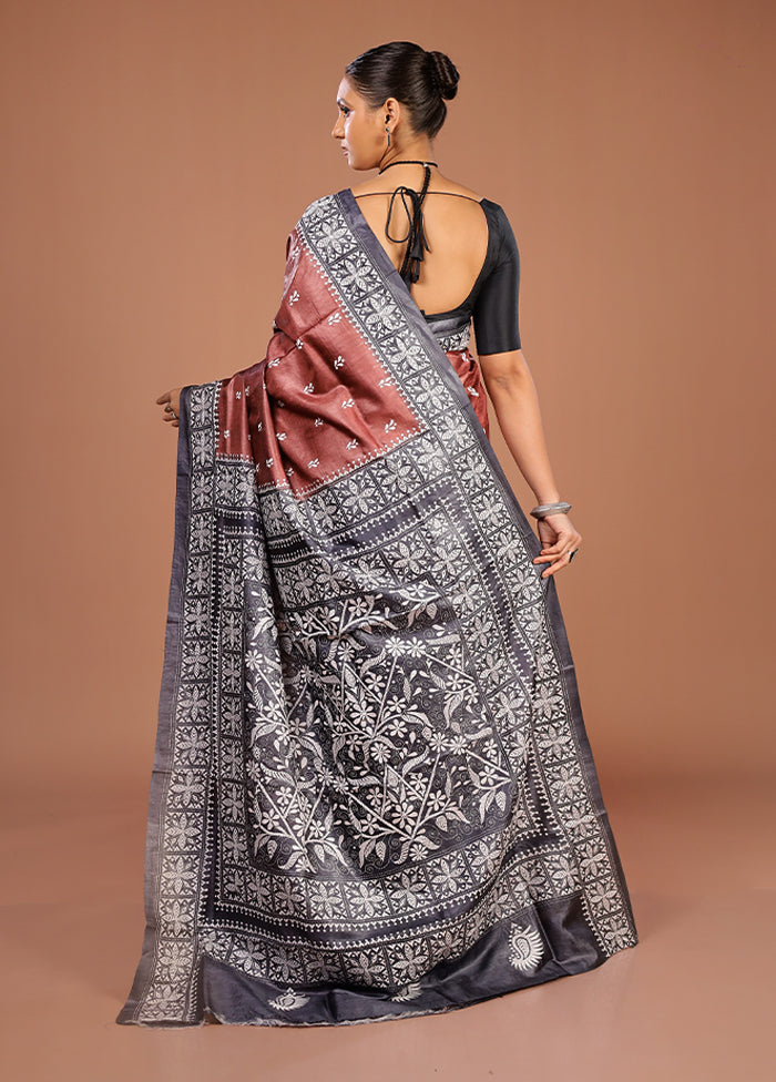 Grey Handloom Kantha Stitch Pure Silk Saree With Blouse Piece