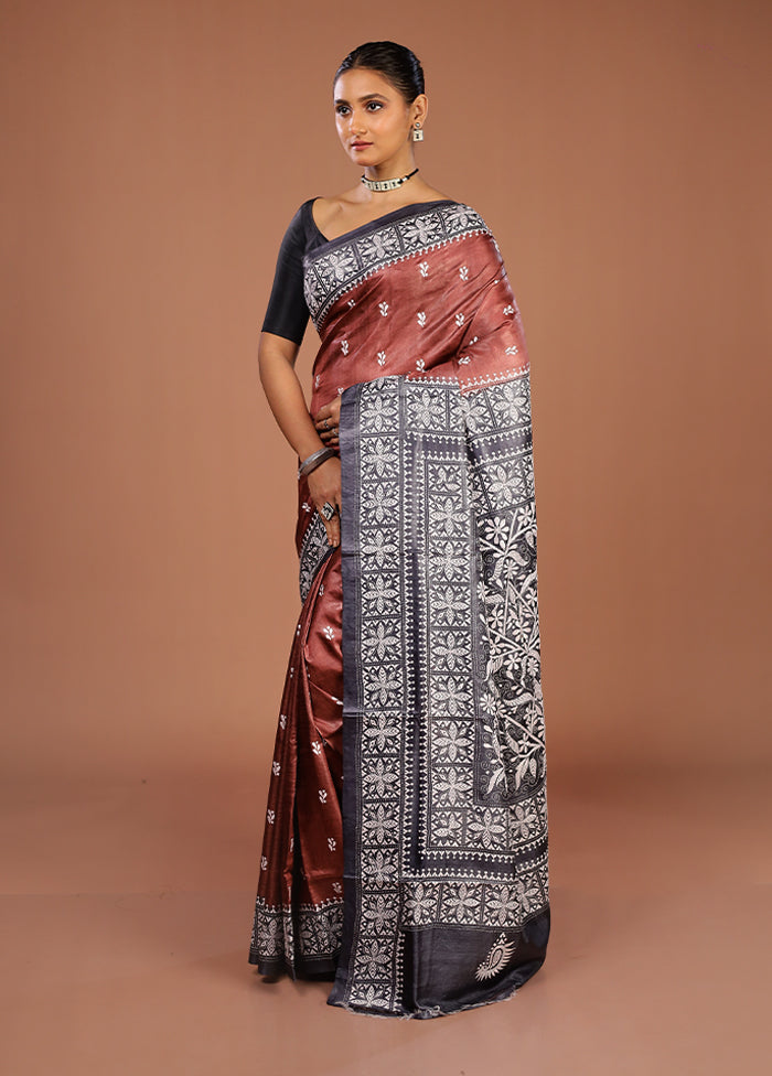 Grey Handloom Kantha Stitch Pure Silk Saree With Blouse Piece