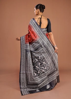 Grey Handloom Kantha Stitch Pure Silk Saree With Blouse Piece