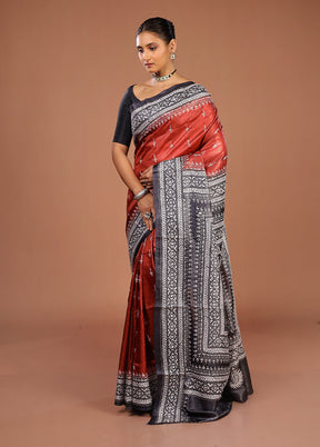 Grey Handloom Kantha Stitch Pure Silk Saree With Blouse Piece