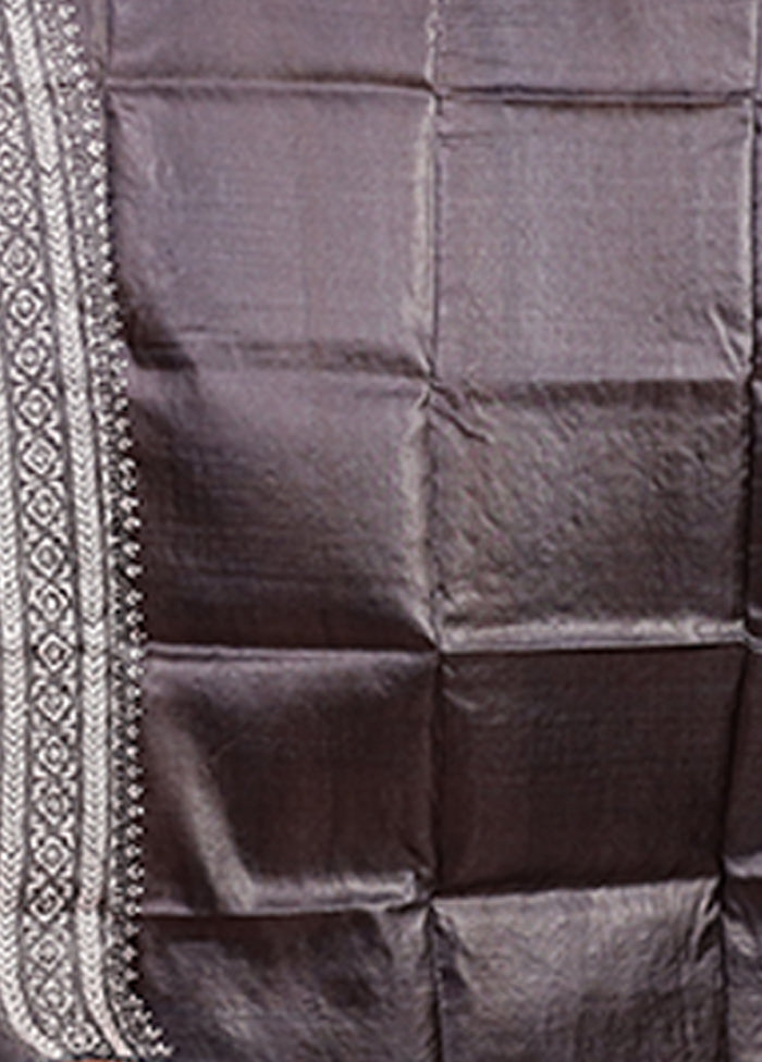 Grey Handloom Kantha Stitch Pure Silk Saree With Blouse Piece