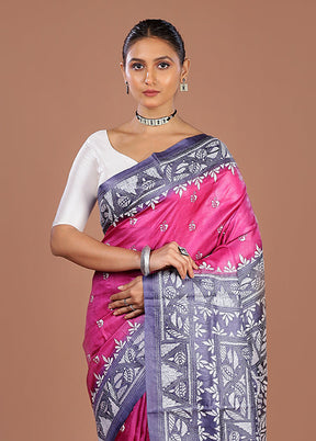 Blue Handloom Kantha Stitch Pure Silk Saree With Blouse Piece